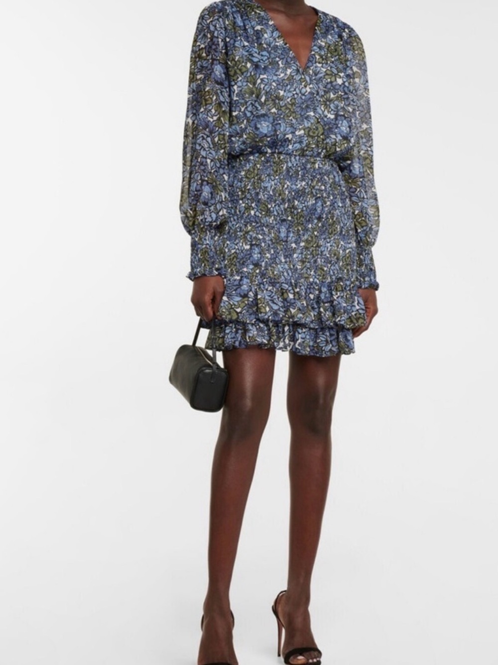 Veronica Beard Saera shirred V-Neck Long Sleeve Blue Mini Dress